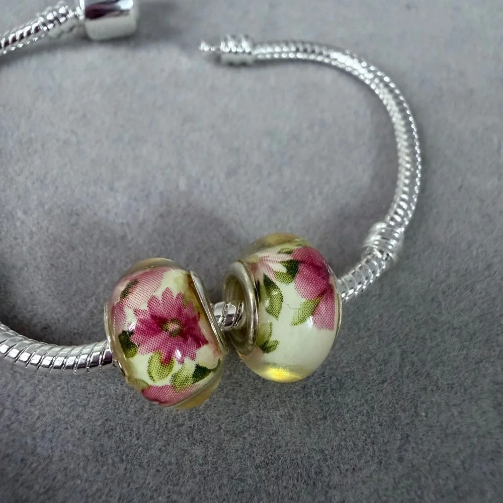 Set of 2 Pink Floral Pink Beads fits PANDORA